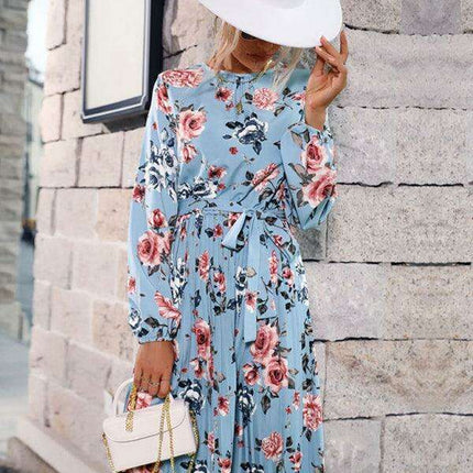 Elegant Blue Floral Pleated Dress - Trendy Women's Autumn and Winter Fashion - Très Elite