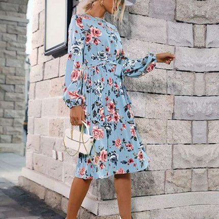 Elegant Blue Floral Pleated Dress - Trendy Women's Autumn and Winter Fashion - Très Elite