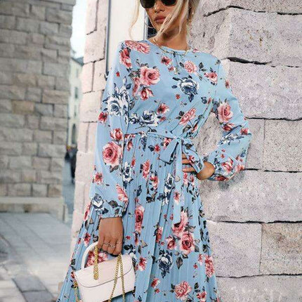 Elegant Blue Floral Pleated Dress - Trendy Women's Autumn and Winter Fashion - Très Elite