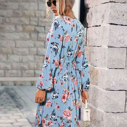 Elegant Blue Floral Pleated Dress - Trendy Women's Autumn and Winter Fashion - Très Elite