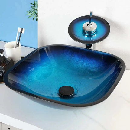Elegant Blue Glass Bathroom Sink Set with Waterfall and Stream Faucet - Chic Home Upgrade..
