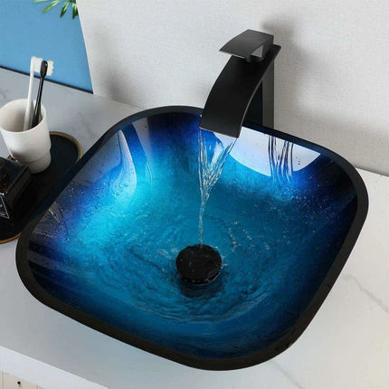 Elegant Blue Glass Bathroom Sink Set with Waterfall and Stream Faucet - Chic Home Upgrade - Très Elite- Très Elite