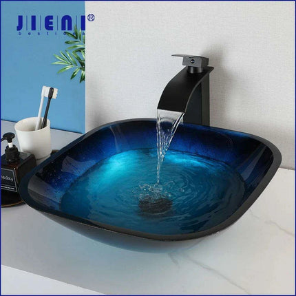 Elegant Blue Glass Bathroom Sink Set with Waterfall and Stream Faucet - Chic Home Upgrade - Très Elite- Très Elite