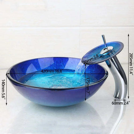 Elegant Blue Glass Round Vessel Sink and Chrome Faucet Set with Pop-Up Drain Kit - Très Elite