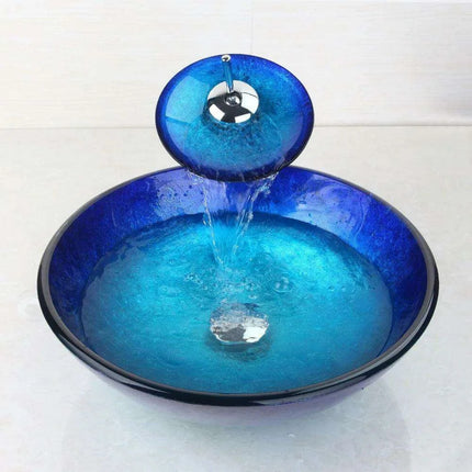 Elegant Blue Glass Round Vessel Sink and Chrome Faucet Set with Pop-Up Drain Kit - Très Elite