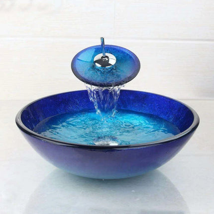 Elegant Blue Glass Round Vessel Sink and Chrome Faucet Set with Pop-Up Drain Kit - Très Elite