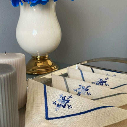 Elegant Blue Linen Cocktail Napkins Set of 4 - Premium Quality Dining Essentials..