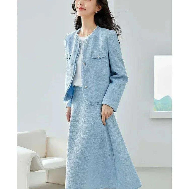 Elegant Blue Tweed Women's 2-Piece Suit Set with Cropped Jacket and Midi Skirt for Spring Style