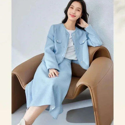 Elegant Blue Tweed Women's 2-Piece Suit Set with Cropped Jacket and Midi Skirt for Spring Style - Très Elite