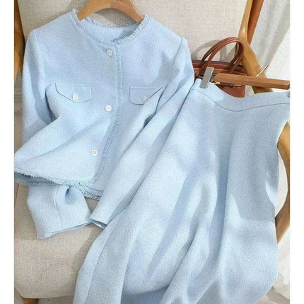 Elegant Blue Tweed Women's 2-Piece Suit Set with Cropped Jacket and Midi Skirt for Spring Style - Très Elite