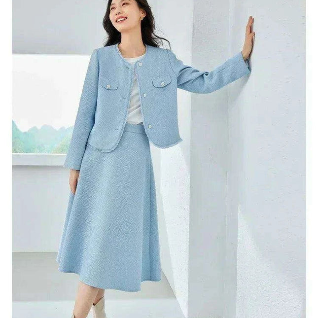Elegant Blue Tweed Women's 2-Piece Suit Set with Cropped Jacket and Midi Skirt for Spring Style