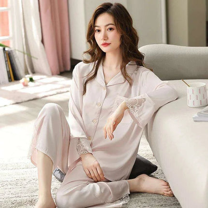 Elegant Blush Ice Silk Pajama Ensemble with Delicate Lace Details - Très Elite