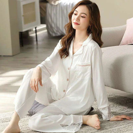 Elegant Blush Ice Silk Pajama Ensemble with Delicate Lace Details - Très Elite