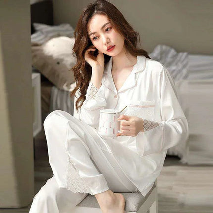 Elegant Blush Ice Silk Pajama Ensemble with Delicate Lace Details - Très Elite