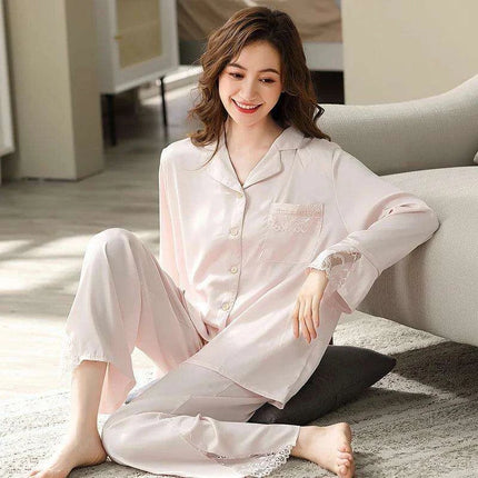 Elegant Blush Ice Silk Pajama Ensemble with Delicate Lace Details - Très Elite