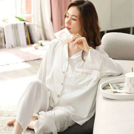Elegant Blush Ice Silk Pajama Ensemble with Delicate Lace Details - Très Elite