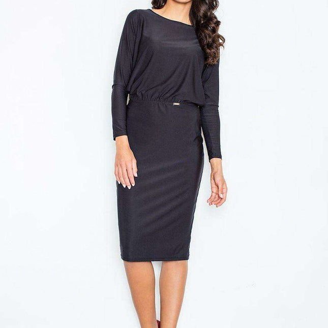 Elegant Boat Neck Midi Dress with Adjustable Waist Tie and Alluring Back Slit