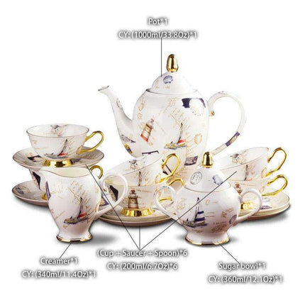 Elegant Bone China Tea and Coffee Service - Premium Porcelain Teapot, Creamer, Sugar Bowl, and Cups for Luxurious Teatime Gatherings - Très Elite