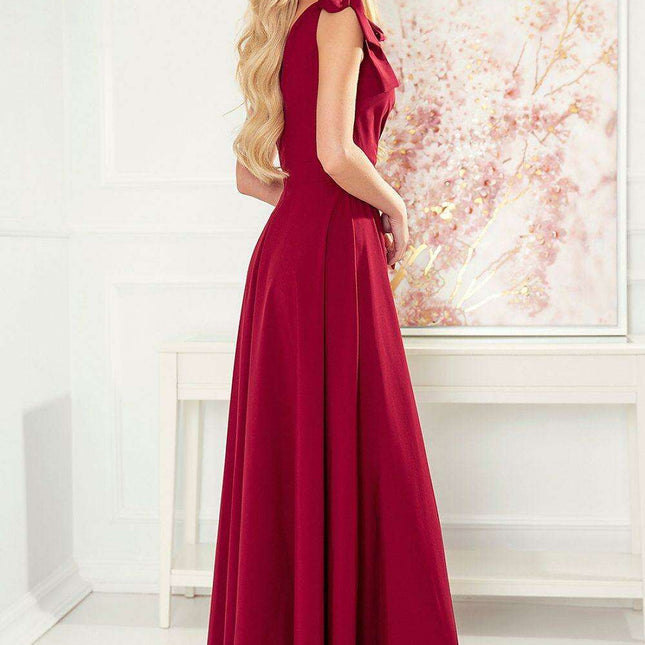 Elegant Bottle Green Evening Dress with Stylish Shoulder Bows