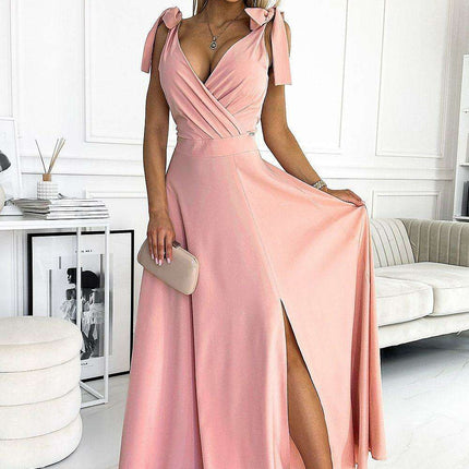 Elegant Bottle Green Evening Dress with Stylish Shoulder Bows - Très Elite