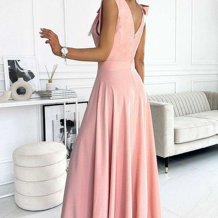 Elegant Bottle Green Evening Dress with Stylish Shoulder Bows - Très Elite