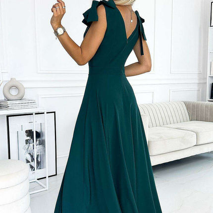 Elegant Bottle Green Evening Dress with Stylish Shoulder Bows - Très Elite
