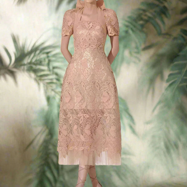 Elegant Bow-Detail Lace Halter Neck Dress for Women's Summer Events 2024