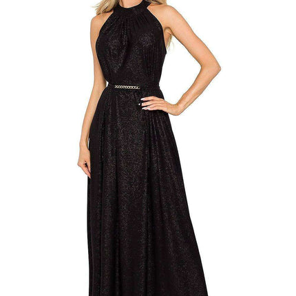 Elegant Brocade Halter Maxi Dress with Adjustable Tie Waist - Très Elite