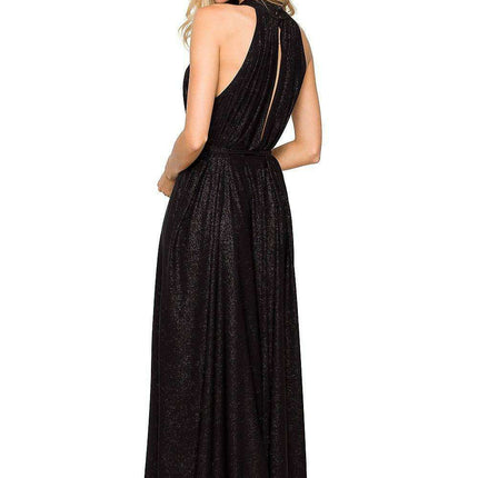 Elegant Brocade Halter Maxi Dress with Adjustable Tie Waist - Très Elite