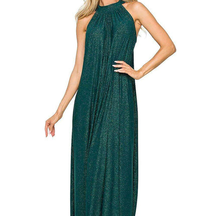 Elegant Brocade Halter Maxi Dress with Adjustable Tie Waist - Très Elite