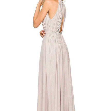 Elegant Brocade Halter Maxi Dress with Adjustable Tie Waist - Très Elite