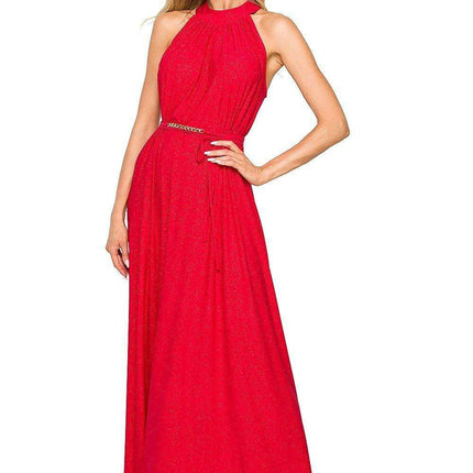 Elegant Brocade Halter Maxi Dress with Adjustable Tie Waist - Très Elite