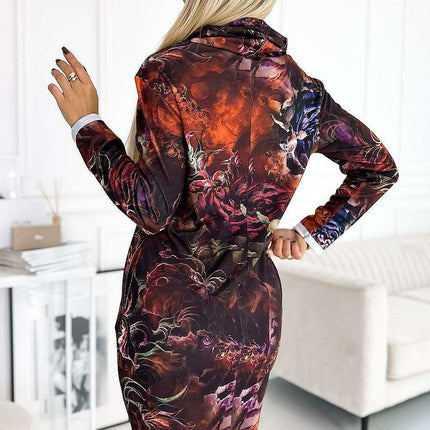 Elegant Brown Print Turtleneck Dress by Numoco - Très Elite