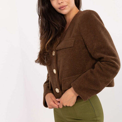 Elegant Brown Womens Short Jacket With Button Fastening - Très Elite