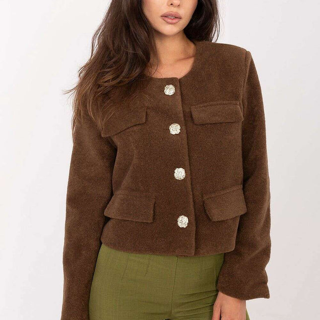 Elegant Brown Womens Short Jacket With Button Fastening