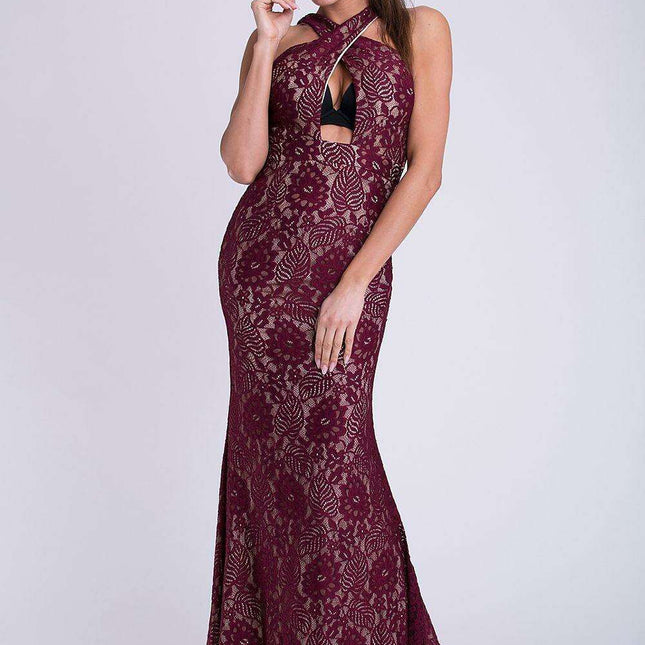 Elegant Burgundy Lace Evening Gown