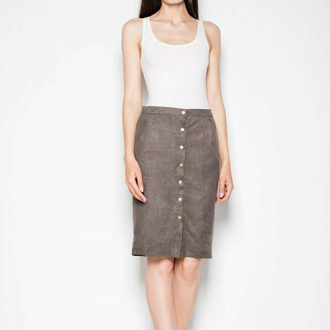 Elegant Button-Decorated Suede Midi Skirt