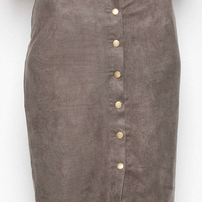 Elegant Button-Decorated Suede Midi Skirt