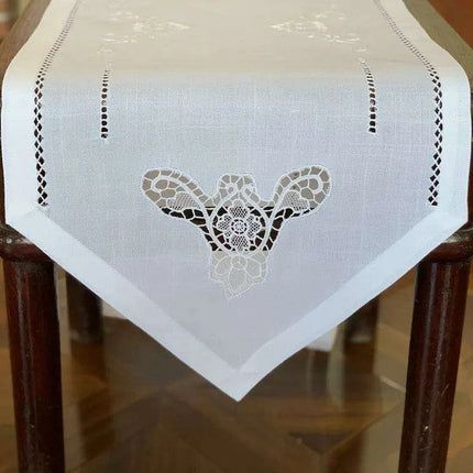 Elegant Camellia Embroidered Hemstitch Table Runner: Luxurious White Floral Design - Très Elite
