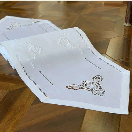 Elegant Camellia Embroidered Hemstitch Table Runner: Luxurious White Floral Design - Très Elite