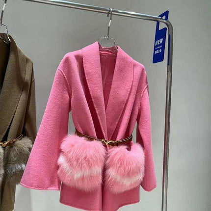 Elegant Cashmere and Wool Winter Coat with Luxe Fox Fur Trim and Tailored Belt - 2023 Trend Essential