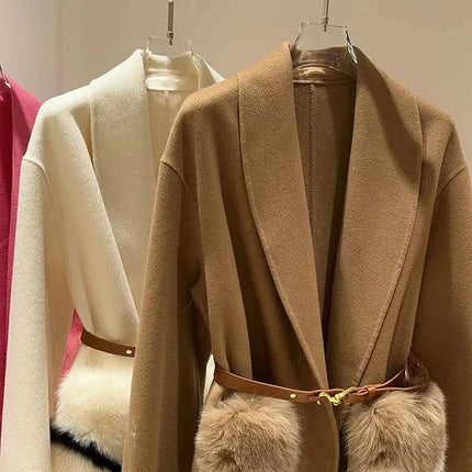 Elegant Cashmere and Wool Winter Coat with Luxe Fox Fur Trim and Tailored Belt - 2023 Trend Essential - Très Elite