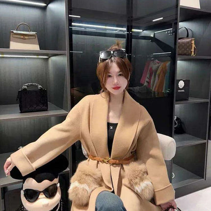 Elegant Cashmere and Wool Winter Coat with Luxe Fox Fur Trim and Tailored Belt - 2023 Trend Essential - Très Elite