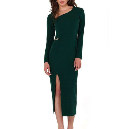 Elegant Chain-Embellished Asymmetrical Midi Evening Dress