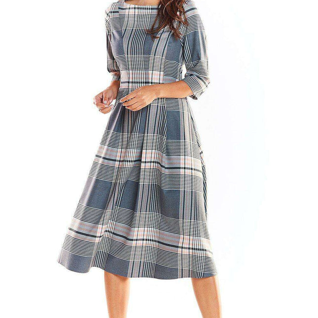 Elegant Checked Flare Midi Dress