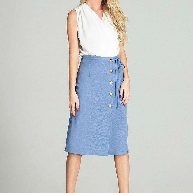 Elegant Checkered Midi Skirt with Stylish Front Overlap and Decorative Button Accents