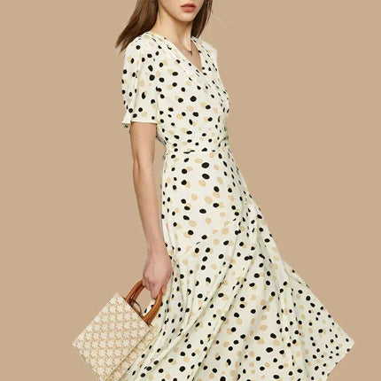 Elegant Chic Dot Print V-Neck Midi Dress for Women – Stylish Summer A-Line Chiffon Dress in White - Très Elite
