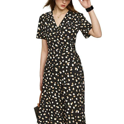 Elegant Chic Dot Print V-Neck Midi Dress for Women – Stylish Summer A-Line Chiffon Dress in White - Très Elite
