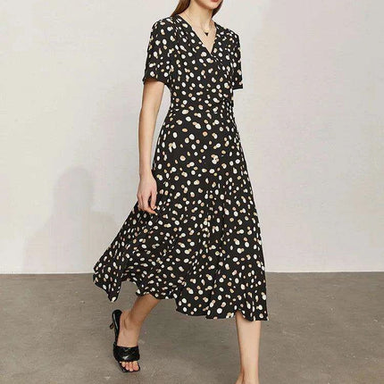Elegant Chic Dot Print V-Neck Midi Dress for Women – Stylish Summer A-Line Chiffon Dress in White - Très Elite