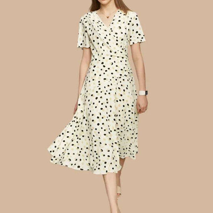 Elegant Chic Dot Print V-Neck Midi Dress for Women – Stylish Summer A-Line Chiffon Dress in White - Très Elite